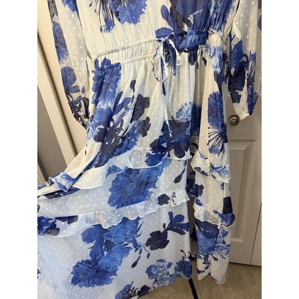 Post Stamp By Anthropologie Watercolor Tiered Maxi Dress White Blue Floral Small